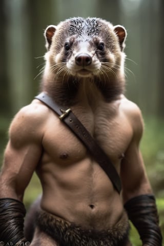 anthro (man:1.0) (Gulo Mustelidae:1.2) merge, | fierce, fearsome warrior | fantasy adventure setting,| RAW photo,