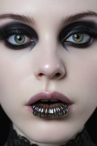 RAW photo of a womans face with a merged (lip:1.15)(slug had:1.3) | gothic styling