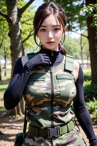 beautiful north Korean female, wearing camoflage outfit, ghillie suit, mil.gloves, chest rig, military body vest, military helmet, realistic shadow, realistic 3d, photogenic,fit body, forest background, perfect scale, perfect arms and fingers, bright brown hair, short hair, high_resolution, DSLR, no NSFW