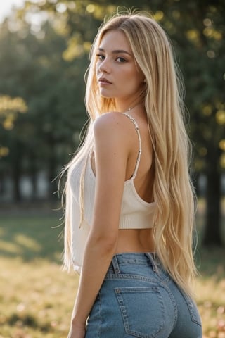 1girl called Sarah with long blonde hair, looking away from the camera, instagram model, 80mm