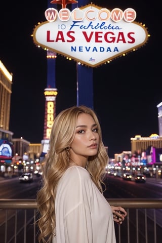 1girl called Sarah with long blonde hair, looking away from the camera, in Las Vegas at night time, instagram model, 80mm