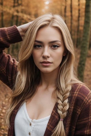 1girl called Sarah with long blonde hair, in a forest during autumn, instagram model, 80mm