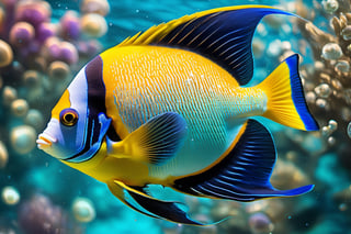 a tropical angel fish, very colourful, underwater, bubbles, seaweed, aqua water, Colourful cat ,