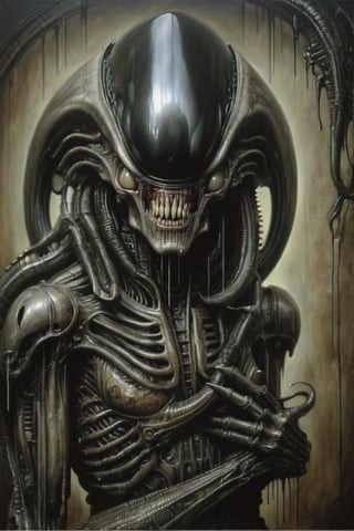 a oil painting portrait, art by steve bisley, art by hr giger, a masterpiece, stunning beauty, hyper-realistic oil painting, a xenomorph, low lighting, intense shadows, dripping blood and sweat, messed up, battling human troopers, a telephoto shot, 1000mm lens, f2,8, ,Matrix code,darkart