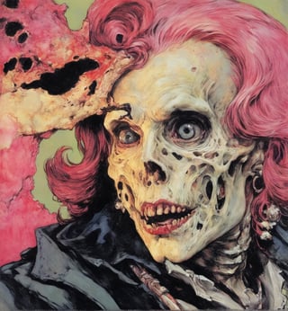 art by Masamune Shirow, art by J.C. Leyendecker, art by boris vallejo, a masterpiece, hyper-realistic oil painting, vibrant colors, Horror Comics style, art by brom, tattoo by ed hardy, a woman with half a skull face and half a human face, horror, dark chiarascuro lighting, a telephoto shot, 1000mm lens, f2,8 , , illustration,  ,perfecteyes,