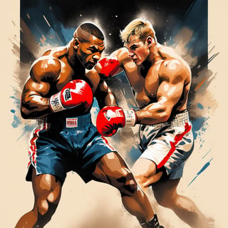 Mike Tyson , in a boxing ring at madison square gardens, knocking Jake Paul to the canvas with an uppercut punch, stipple, crosshatching, 5 colour monochromatic art, borders, (((art poster by gian galang))), (((art style by gian galang))), (((design by gian galang))) , neck tattoos by andy warhol, heavily muscled, biceps, fight poster style, asian art, chequer board, mma, octogon, bright contrasting colours, stipple, black n white, ,action shot