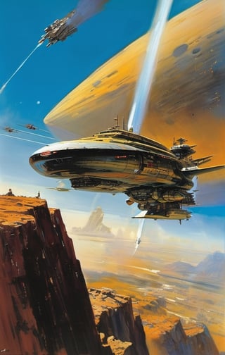 spaceship travelling past a planet, in space, ultra quality, highly detailed, art by john Berkey, art by chris foss,