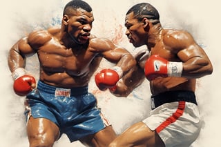 Mike Tyson , in a boxing ring at madison square gardens, close up portrait shot of two fighters punching each other, full force, full impast, blood, contrast, sweat, knocking out with an uppercut punch, stipple, crosshatching, 5 colour monochromatic, heavily muscled, biceps, bright contrasting colours, stipple, black n white, ,action shot