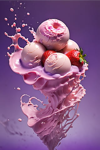 an extreme close up, macro photograph of strawberry ice cream with milk cream, in a stylish modern glass, ice cubes, worms, bugs, creepy crawlies, fingers pieces, nuts, mint leaves, splashing milk cream, in a gradient purple background, fluid motion, dynamic movement, cinematic lighting, Mysterious, golden ratio, fake detail, trending pixiv fanbox, acrylic palette knife, style of makoto shinkai studio ghibli genshin impact james gilleard greg rutkowski chiho aoshima,digital artwork by Beksinski,action shot