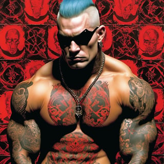 A scottish Man, Horror Comics style, art by brom, tattoo by ed hardy, shaved hair, neck tattoos andy warhol, heavily muscled, biceps,glam gore, horror, demonic, hell visions, demonic women, military poster style, asian art, chequer board,retropunk style, mandlebrot fractal patterns, 
