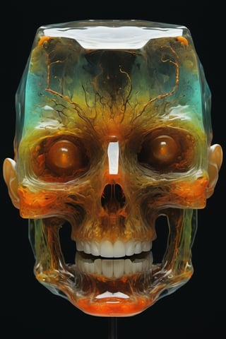 art by yashitomo nara, a transparent epoxy  resin cube shaped head, stunning beauty, hyper-realistic oil painting, vibrant colors, dark chiarascuro lighting, a telephoto shot, 1000mm lens, f2,8,Vogue,more detail XL