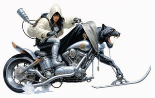 art by Masamune Shirow, art by J.C. Leyendecker, art by boris vallejo, art by brom, art by simon bisley, a masterpiece, a ghostrider, riding a hells harley bike sled, tiger fashioned fuel container, ape hanger handlebars, wearing a hooded cloak, 