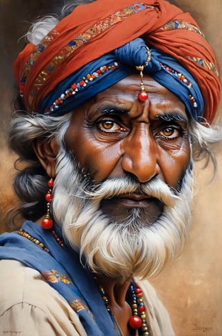 a telephoto shot, 1000 mm lens, f2, small depth of field, darkm background, focused on the eyes, close cropped eyes only, an old indian mans eyes, sunglasses, wearing blue turban, red baubles, very detailed straggly beard, art by john singer sargent, detail in hair, (((detail in the eyes, detail in the hair and beard,))) focus on the eyes, piercing bright eyes, very detailed eyes, hippie neck and shoulder, staring at viewer, national geographic style, 