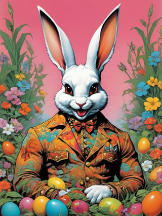 white rabbit with many baby rabbits, Easter theme, art by brom, tattoo by ed hardy, shaved hair, neck tattoos andy warhol, heavily muscled, biceps,glam gore, horror, white rabbit, rabbit hole,  demonic, hell visions, demonic women, military poster style, chequer board, vogue easter bunny portrait, Horror Comics style, art by brom, smiling, tongue out, poking tongue at viewer, lennon sunglasses, rabbit ears, rabbit nose, rabbit fur, punk hairdo, tattoo by ed hardy, shaved hair, playboy bunny outfit, bunny tail, neck tattoos by andy warhol, heavily muscled, biceps, glam gore, horror, poster style, flower garden, Easter eggs, coloured foil, oversized monarch butterflies, flower garden,