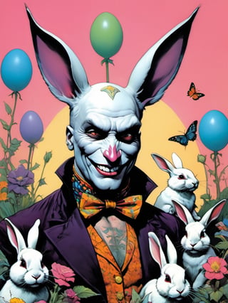 white rabbit with many baby rabbits, Easter theme, Horror Comics style, art by brom, tattoo by ed hardy, shaved hair, neck tattoos andy warhol, mad hatter top hat, heavily muscled, biceps,glam gore, horror, white rabbit, rabbit hole,  demonic, hell visions, demonic women, military poster style, chequer board, vogue easter bunny portrait, Horror Comics style, art by brom, smiling, tongue out, poking tongue at viewer, lennon sunglasses, rabbit ears, rabbit nose, rabbit fur, punk hairdo, tattoo by ed hardy, shaved hair, playboy bunny outfit, bunny tail, neck tattoos by andy warhol, heavily muscled, biceps, glam gore, horror, poster style, flower garden, Easter eggs, coloured foil, oversized monarch butterflies, tropical fish, flower garden,