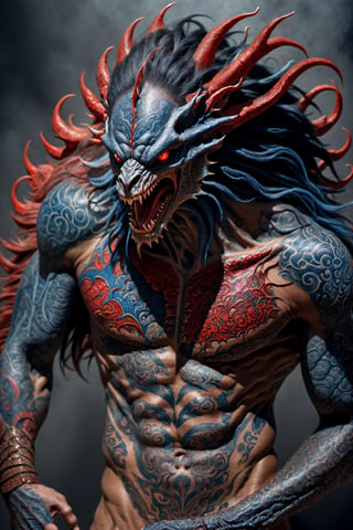 An sexy black african mans arm and shoulder, telephoto lens shot, man is staring at the viewer, raging, long hair, the arm and shoulder are  covered in a very detailed intricate red and blue dragon tattoo that is protruding outfrom the skin, coming alive, its screaming, scratching, similar to dragon tattoo by Boris Vallejo, slowly you see the small dragon tattoo in parts is coming out of the skin and becoming a real version of the tattoo, sticking out, scales, extended claws, 16K, movie still, cinematic, 