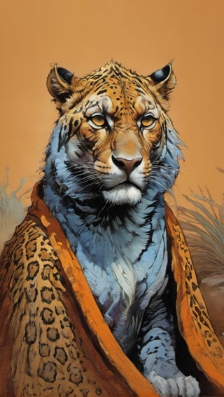 An orange leopard like creature, leopard spots with zebra stripes on its face, pale blue eyes, it wears a desert cape, fr4z3tt4 ,more detail XL,art by sargent