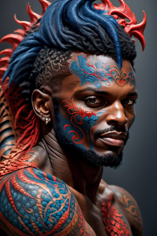 An sexy black african mans arm and shoulder, telephoto lens shot, man is sstaring straight out to the viewer, a wry smile on his face, the arm and shoulder are covered in a very detailed intricate red and blue dragon tattoo that is protruding outfrom the skin, coming alive, its screaming, scratching, similar to dragon tattoo by Boris Vallejo, slowly you see the small dragon tattoo in parts is coming out of the skin and becoming a real version of the tattoo, sticking out, scales, extended claws, 16K, movie still, cinematic, 