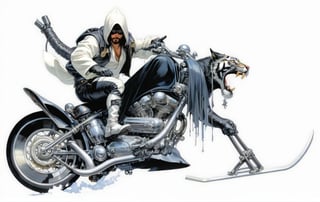 art by Masamune Shirow, art by J.C. Leyendecker, art by boris vallejo, art by brom, art by simon bisley, a masterpiece, a ghostrider, riding a hells harley bike sled, tiger fashioned fuel container, ape hanger handlebars, wearing a hooded cloak, 