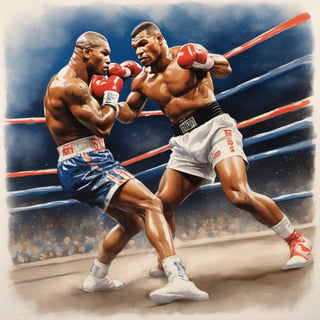 Mike Tyson , in a boxing ring at madison square gardens, knocking Jake Paul to the canvas with an uppercut punch, stipple, crosshatching, 5 colour monochromatic art, borders, (((art poster by gian galang))), (((art style by gian galang))), (((design by gian galang))) , neck tattoos by andy warhol, heavily muscled, biceps, fight poster style, asian art, chequer board, mma, octogon, bright contrasting colours, stipple, black n white, ,action shot