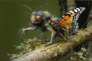 art by ralph steadman, art by brom, art by simon bisley, a masterpiece, ahighly detailed, a scj fi type creature, big bright boggly eyes, small dark pupil, butterfly like ears, short fluffy skin and fur, cling to a branch with small black scaley hands, bushy forest backdrop, sigma 1000 mm lens, f2.8, eyes in focus, 