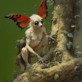 art by ralph steadman, art by brom, art by simon bisley, a masterpiece, ahighly detailed, a scj fi type creature, big bright boggly eyes, small dark pupil, butterfly like ears, short fluffy skin and fur, cling to a branch with small black scaley hands, bushy forest backdrop, sigma 1000 mm lens, f2.8, eyes in focus, 