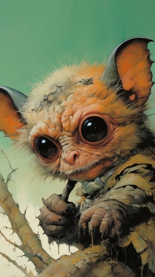 art by ralph steadman, art by brom, art by simon bisley, a masterpiece, ahighly detaikled, a star wars crearure, big boggly eyes, small dark pupil, bat like ears, short fluffy skin and fur, cling to a branch with small black scaley hands, sigma 1000 mm lens, f2.8, eyes in focus, 