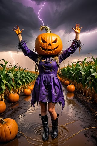Feet to head full body action shot, Pumpkin girl scarecrow, long stringy wet hair, angry pumpkin face, reaching out from the cornfield to terrify the viewer, hi res, photorealistic, 35 mm canon, slow shutter speed, dark dramatic purple sky, lightening ,Monster,HellAI,oni style