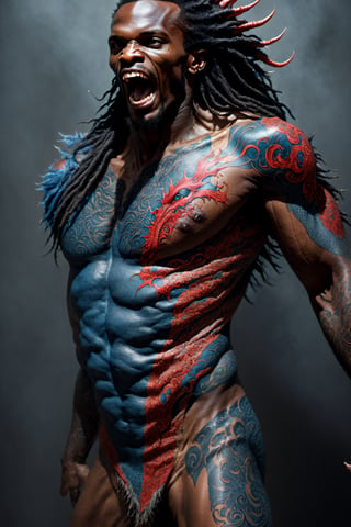 An sexy black african mans arm and shoulder, telephoto lens shot, man is staring at the viewer, raging, long hair, the arm and shoulder are  covered in a very detailed intricate red and blue dragon tattoo that is protruding outfrom the skin, coming alive, its screaming, scratching, similar to dragon tattoo by Boris Vallejo, slowly you see the small dragon tattoo in parts is coming out of the skin and becoming a real version of the tattoo, sticking out, scales, extended claws, 16K, movie still, cinematic, ,omatsuri