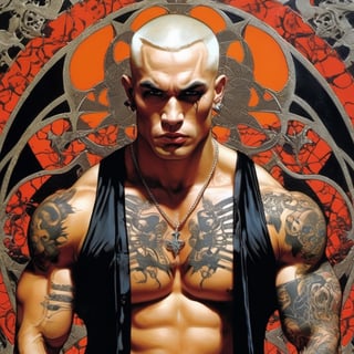 A Man, Horror Comics style, art by brom, tattoo by ed hardy, shaved hair, neck tattoos andy warhol, heavily muscled, biceps,glam gore, horror, demonic, hell visions, demonic women, military poster style, asian art, chequer board,retropunk style, mandlebrot fractal patterns, 