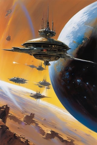 spaceship travelling past a planet, in space, ultra quality, highly detailed (ultra realism:1.2), art by john Berkey, art by chris foss,