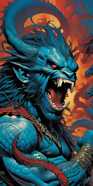 close up of the mans face, a sexy black african mans arm and shoulder, man is staring screaming at the viewer, raging, long hair, the arm and shoulder are covered in a very detailed intricate red and blue dragon tattoo that is protruding outfrom the skin, coming alive, its screaming, scratching, similar to dragon tattoo by Boris Vallejo, slowly you see the small dragon tattoo in parts is coming out of the skin and becoming a real version of the tattoo, sticking out, scales, extended claws, spit, spittle, blood drops, 16K, movie still, cinematic, ,omatsuri,DonMn1ghtm4reXL