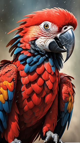 a large red macaw, an up close portrait shot, ((( art by raymond ching ))) ,more detail XL,artint,Leonardo Style,art by sargent,action shot