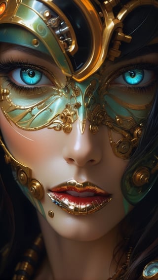 art by Masamune Shirow, art by J.C. Leyendecker, a masterpiece, stunning beauty, perfect face, full-body, hyper-realistic oil painting, vibrant colors, Body horror, steampunk spacesuit, full face translucent visor, in the style of futuristic space glamour, Steam punk, tribal adornments, frank frazetta style pose, perfect makeup, boris vallejo style background, plain neon steampunk background ,biopunk style,cyberpunk style,art by sargent,Oil painting of Mona Lisa ,Leaf,Leonardo Style,fr4z3tt4 , ,futuristic alien