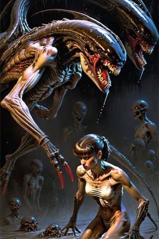 art by Masamune Shirow, art by J.C. Leyendecker, a masterpiece, stunning beauty, hyper-realistic oil painting, vibrant colors, a xenomorph, dark chiarascuro lighting, dripping blood and sweat, messed up, battling human troopers, a telephoto shot, 1000mm lens, f2,8, ,horror,dark theme