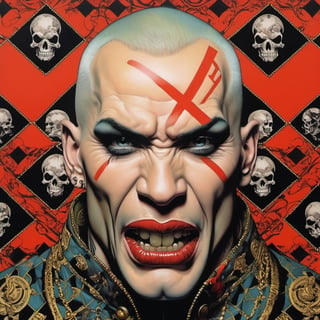 A scottish Man, Horror Comics style, art by brom, tattoo by ed hardy, shaved hair, neck tattoos andy warhol, heavily muscled, biceps,glam gore, horror, demonic, hell visions, demonic women, military poster style, asian art, chequer board,retropunk style, mandlebrot fractal patterns, 