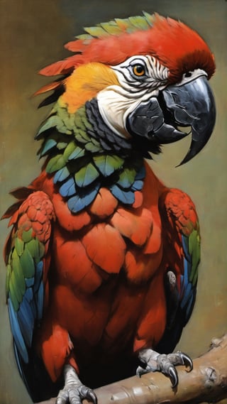 a large black and red tipped macaw, a up close portrait shot, art by sargent, art by frazetta, fr4z3tt4 ,more detail XL,artint,Leonardo Style