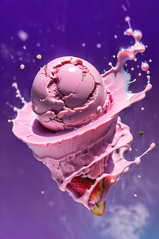 an extreme close up, macro photograph of strawberry ice cream with milk cream, in a stylish modern glass, ice cubes, nuts, mint leaves, splashing milk cream, in a gradient purple background, fluid motion, dynamic movement, cinematic lighting, Mysterious, golden ratio, fake detail, trending pixiv fanbox, acrylic palette knife, style of makoto shinkai studio ghibli genshin impact james gilleard greg rutkowski chiho aoshima,digital artwork by Beksinski,action shot