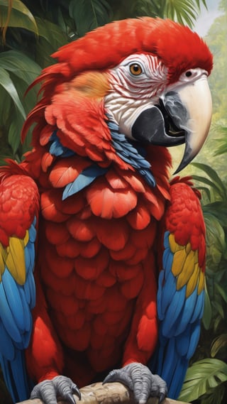 a large red macaw, an up close portrait shot, ((( art by raymond ching ))) ,more detail XL,artint,Leonardo Style,art by sargent