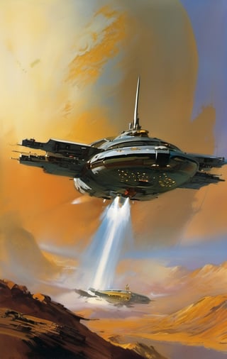 spaceship travelling past a planet, in space, ultra quality, highly detailed, art by john Berkey, art by chris foss, 