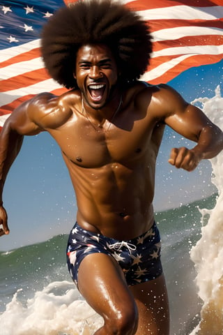 a mid section body shot photograph of a happy African American man, wearing Speedos swimwear, a very large Afro hairstyle, beach seawater running down his body, splashing seawater, very large American flag background, fluid motion, dynamic movement, cinematic lighting, palette knife, brown nipples, digital artwork by Beksinski,action shot,sweetscape, art by Klimt, airbrush art, ,photo r3al,ice and water,close up,Movie Poster