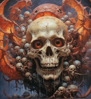 art by Masamune Shirow, art by J.C. Leyendecker, art by boris vallejo, a masterpiece, hyper-realistic oil painting, vibrant colors, Horror Comics style, art by brom, tattoo by ed hardy, a woman with half a skull face and half a human face, horror, dark chiarascuro lighting, a telephoto shot, 1000mm lens, f2,8 , , illustration,  ,perfecteyes,