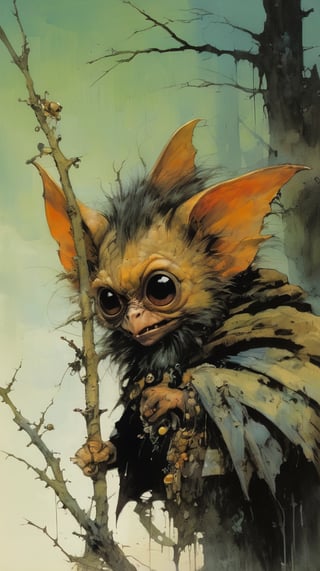 art by ralph steadman, art by brom, art by simon bisley, a masterpiece, ahighly detaikled, a star wars crearure, big boggly eyes, small dark pupil, bat like ears, short fluffy skin and fur, cling to a branch with small black scaley hands, sigma 1000 mm lens, f2.8, eyes in focus, 