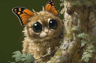 art by ralph steadman, art by brom, art by simon bisley, a masterpiece, ahighly detailed, a scj fi type creature, big bright boggly eyes, small dark pupil, butterfly like ears, short fluffy skin and fur, cling to a branch with small black scaley hands, bushy forest backdrop, sigma 1000 mm lens, f2.8, eyes in focus, 