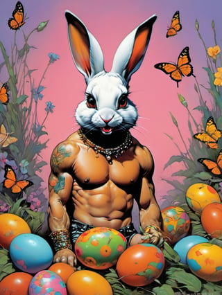 white rabbit with many baby rabbits, chocolate covered rabbits, Easter theme, art by brom, tattoo by ed hardy, shaved hair, neck tattoos andy warhol, heavily muscled, biceps,glam gore, horror, white rabbit, rabbit hole,  demonic, hell visions, demonic women, military poster style, chequer board, vogue easter bunny portrait, Horror Comics style, art by brom, smiling, tongue out, poking tongue at viewer, lennon sunglasses, rabbit ears, rabbit nose, rabbit fur, punk hairdo, tattoo by ed hardy, shaved hair, playboy bunny outfit, bunny tail, neck tattoos by andy warhol, heavily muscled, biceps, glam gore, horror, poster style, flower garden, Easter eggs, coloured foil, oversized monarch butterflies, tropical fish, flower garden,