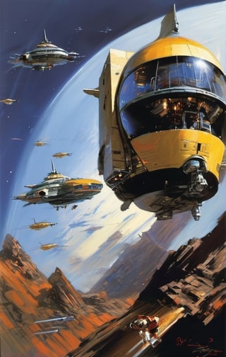 spaceship travelling past a planet, in space, ultra quality, highly detailed, art by john Berkey, art by chris foss,