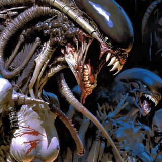 art by Masamune Shirow, art by J.C. Leyendecker, a masterpiece, stunning beauty, hyper-realistic oil painting, vibrant colors, a xenomorph, dark chiarascuro lighting, dripping blood and sweat, messed up, battling human troopers, a telephoto shot, 1000mm lens, f2,8, ,horror