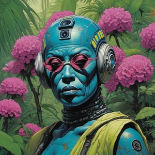 r2d2 , Horror Comics style, art by brom, smiling people, poking tongue at viewer, lennon sunglasses, punk hairdo, tattoo by ed hardy, shaved hair, neck tattoos by andy warhol, heavily muscled, biceps, glam gore, horror, poster style, flower garden, oversized monarch butterflies, tropical fish, flower garden, 