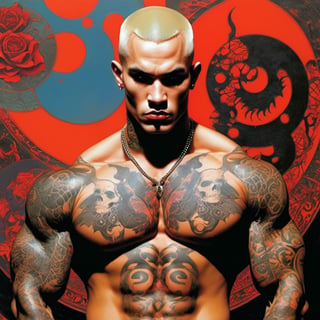 A Man, Horror Comics style, art by brom, tattoo by ed hardy, shaved hair, neck tattoos andy warhol, heavily muscled, biceps,glam gore, horror, demonic, hell visions, demonic women, military poster style, asian art, chequer board,retropunk style, mandlebrot fractal patterns, 