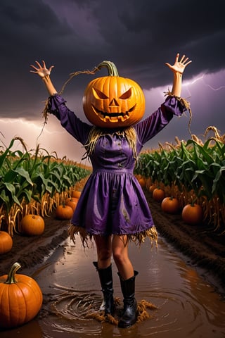 Feet to head full body action shot, Pumpkin girl scarecrow, long stringy wet hair, angry pumpkin face, reaching out from the cornfield to terrify the viewer, hi res, photorealistic, 35 mm canon, slow shutter speed, dark dramatic purple sky, lightening ,Monster,HellAI,oni style,Devasted landscape 